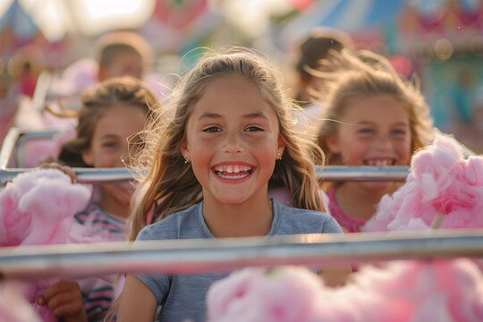 Smiling children riding a pink roller coaster, summer concept vacation concept holidays