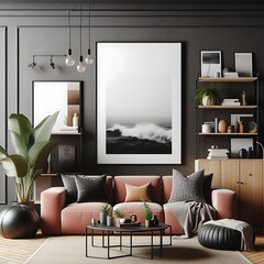 A living Room with a mockup poster empty white and with a couch and a picture on the wall art image art used for printing card design.