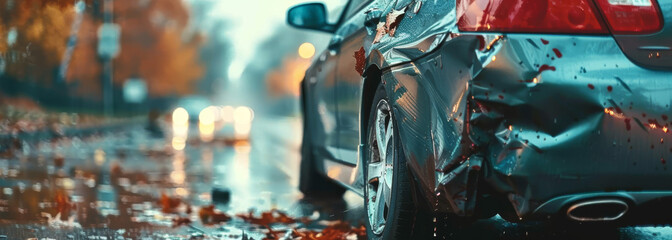 A car has been in an accident and is now on the side of the road. The car is black and has a lot of damage. The scene is dark and rainy, with the car's headlights shining through the rain - Powered by Adobe