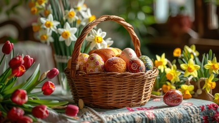 Easter eggs in basket on table