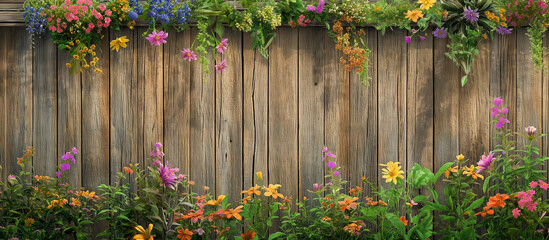 Fototapeta premium wooden garden fence adorned with colorful flowers and fragrant herbs 