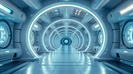 Sci-fi 3D space exhibition interior rendering, futuristic technology concept scene illustration background