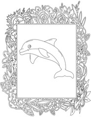 Dolphin in A Floral Frame Coloring Page. Printable Coloring Worksheet for Kids. Educational Resources for School and Preschool.