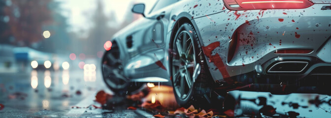 A car is shown with its back end crushed and its front end covered in blood. The car is on a wet...