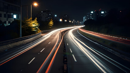 High speed light effect or highway motion light trails abstract background of urban city ai image generative