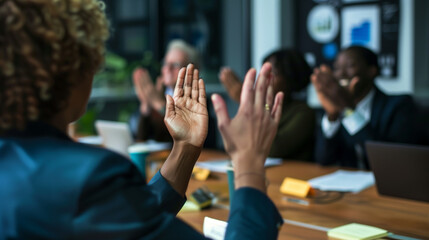 Photo of students with hands in air.