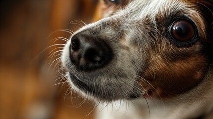 Na zdjęciu widzimy bliski plan psiej twarzy z rozmazanym tłem. Psy mają wyraziste cechy twarzy, a tło jest rozmyte, skupiając uwagę na zwierzęciu