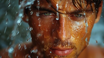 Close up of man with blue eyes in water