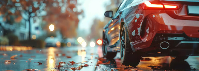 A red car is parked on a wet road with leaves on the ground. The car is surrounded by other cars and traffic lights. Scene is calm and peaceful, despite the busy street - Powered by Adobe