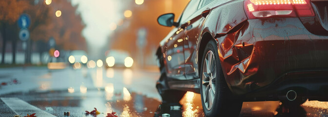 A car is parked on a wet street with a damaged front end. The scene is set at night, with the car's...