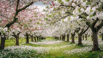 A vibrant cherry blossom orchard in full bloom during spring.
