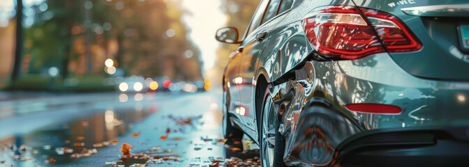 A car is parked on a wet road with leaves on the ground. The car is in the middle of the road and has a damaged rear end