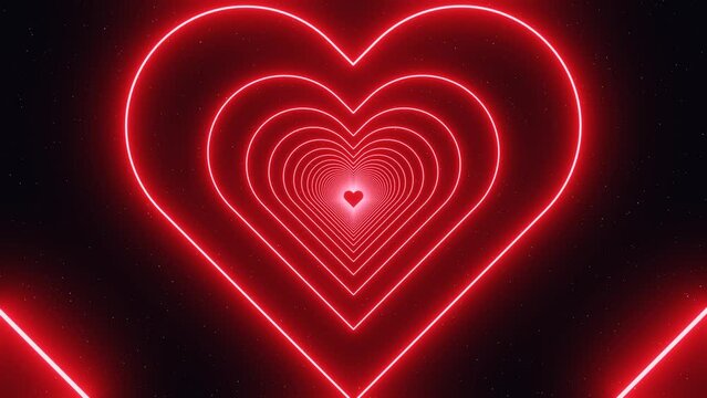 3d red neon glowing laser heart tunnel. Love romance Valentine's Day concept. Disco dance party music template. Loop animation 30fps 4k