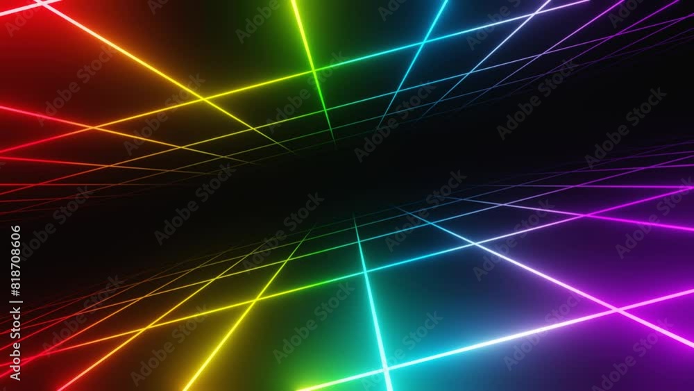 Poster 3d retro neon rainbow abstract background with laser lines. synthwave grid videogame style. vj futur
