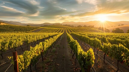 A picturesque vineyard landscape at sunrise, with the soft light casting a warm glow on rows of grapevines, embodying the tranquility and promise of a new day in wine country.