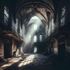 Fototapeta premium Atmospheric, abandoned asylum, overtaken by shadows, urban exploration photography