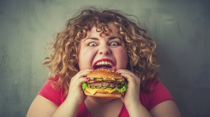 Naklejka premium Hungry Woman Biting into a Juicy Cheeseburger with Gusto