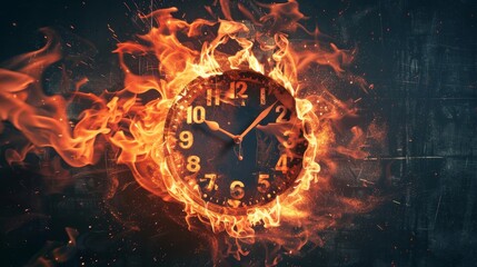 Distorted clock, times hands warped as it burns away in a fiery blaze of destruction