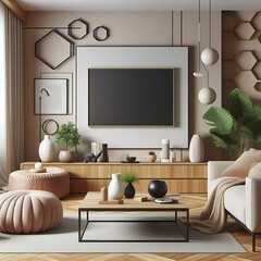 A living Room with a mockup poster empty white and with a tv and a couch art attractive art has illustrative meaning.