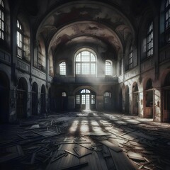 Obraz premium Atmospheric, abandoned asylum, overtaken by shadows, urban exploration photography