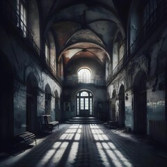 Fototapeta premium Atmospheric, abandoned asylum, overtaken by shadows, urban exploration photography
