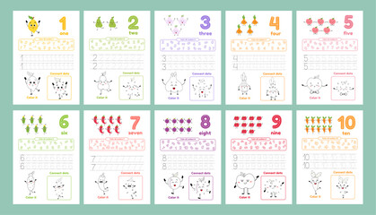 Activity worksheets for kids with many exercises. Learning numbers from 1 to 10. Trace, color, dot to dot on one page
