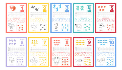 Activity worksheets for kids education with many exercises. Learning numbers from 1 to 10. Trace, color, dot to dot on one page