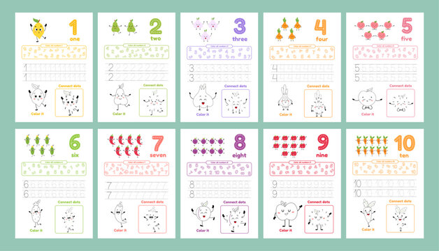 Activity worksheets for kids with many exercises. Learning numbers from 1 to 10. Trace, color, dot to dot on one page