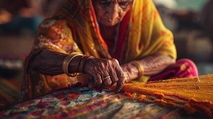 Traditional Artisan Weaving Colorful Textile by Hand