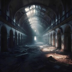 Fototapeta premium Atmospheric, abandoned asylum, overtaken by shadows, urban exploration photography