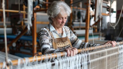 Senior Craftswoman Weaving on Traditional Loom in Workshop