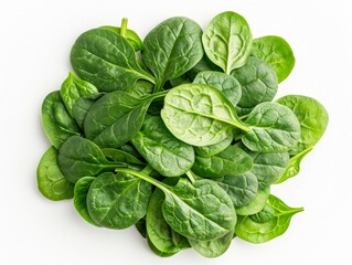 Fototapeta premium Direct above view of a spinach salad, vibrant green leaves, isolated on white