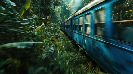 Blue train goes through jungle, slight motion blur