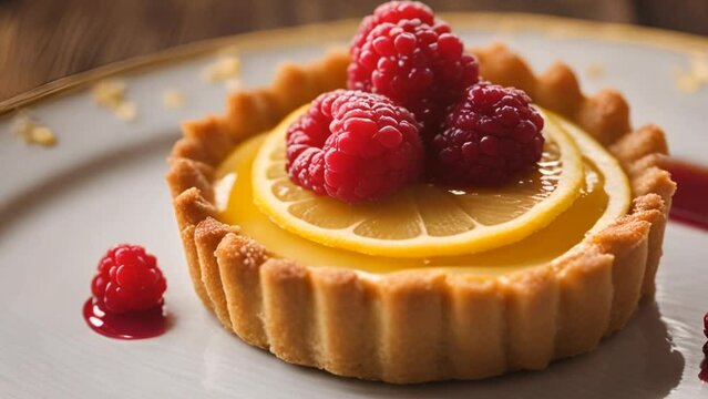 Bright and zestful lemon tartlets garnished with raspberries and mint leaves with lemon wedges