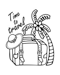 Time to travel. Vector lettering motivational emblem with quote and suitcase, palm trees, sun. Vintage suitcase for summer vacation. Hand drawn doodles in line style. Line contour  in sketch style.