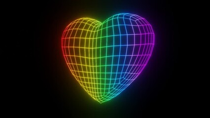 3d abstract rainbow pride neon glowing disco wireframe grid heart. Music party template isolated black. Love is love LGBT concept. Retro 80s 90s shape. Loop animation 30fps 4k