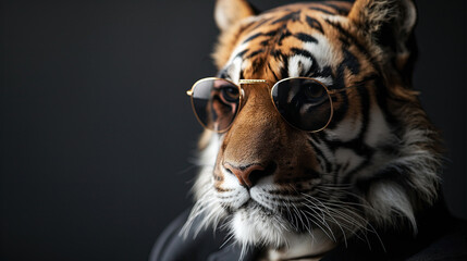 Suave Tiger Exuding Sophistication in Elegant Round Glasses, a Sharp Contrast to its Wild Stripes and Soft Fur. Funny animal for banner, flyer, poster, card with copy space