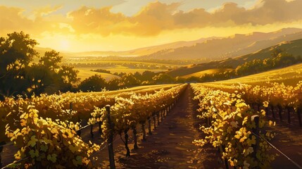 A scenic view of a vineyard bathed in golden sunlight, with grapevines stretching toward the...