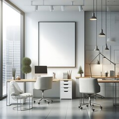 A office room with a mockup poster empty white and with a large window and a large desk with a computer and a large picture frame realistic image lively realistic.
