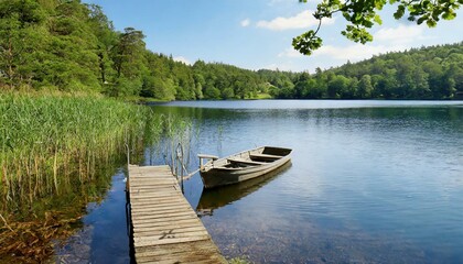 Obraz premium A serene lake with a small wooden dock and a rowboat gently bobbing in the water. 