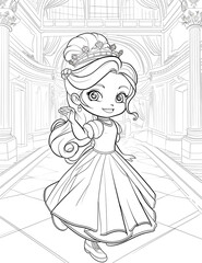 Fototapeta premium Coloring book page for children showcasing a chibi-style pretty princess joyfully twirling in a grand palace hall, dressed in a tiara and a flowing gown. The princess is depicted holding her dress 