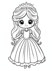 Obraz na płótnie Canvas Coloring book page for children showcasing a chibi-style pretty princess joyfully twirling in a grand palace hall, dressed in a tiara and a flowing gown. The princess is depicted holding her dress 