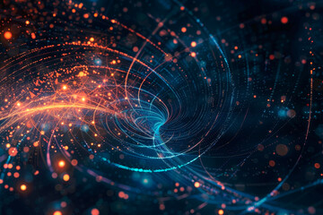 Obraz premium A futuristic digital landscape with concentric circles and geometric patterns in blue and orange.