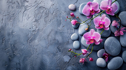 Spa stones and beautiful orchid flower on grey texture