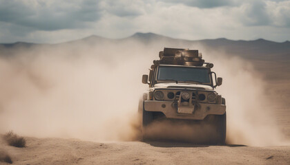 Fototapeta premium A 4x4 vehicle navigating a dessert, kicking up clouds of dust 