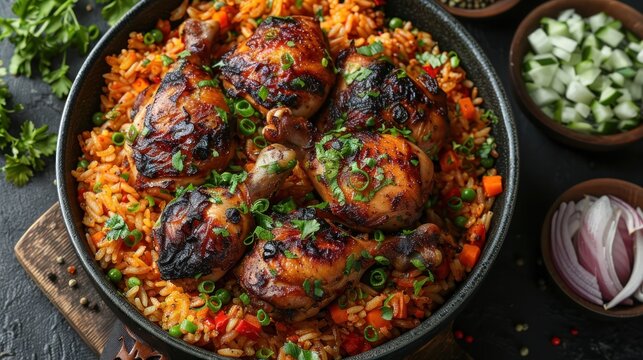 Chicken Mandy top view The national Saudi Arabian dish chicken kabsa with rice mandi,