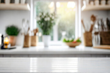 Blurred kitchen background. White table and defocused kitchen background.