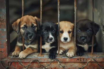 A white-red dog in a shelter for homeless animals stands behind the fence of the aviary and looks out. Animal in a cage. Bottom view.. Beautiful simple AI generated image in 4K, unique.