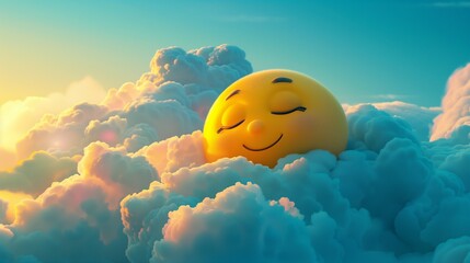 A sleepy face emoji nestled among fluffy clouds in a dreamy sky.