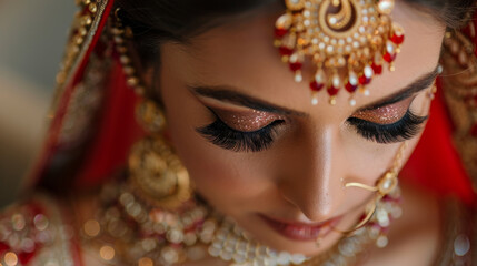 A woman with red and gold jewelry is wearing a red and gold headpiece. She has her eyes closed and is looking at the camera